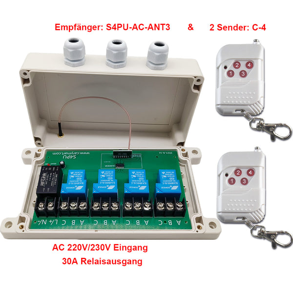 4 Kanäle Funk Sender Empfänger Set mit 30A Potentialfreier Relaiskontakt