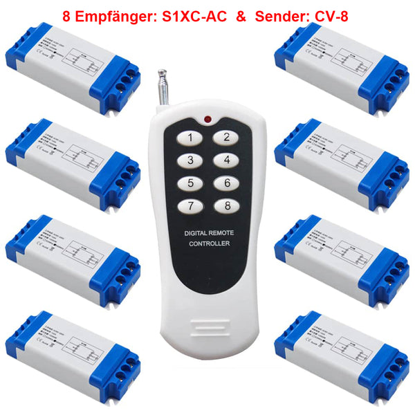 AC 220V 230V Funkschalter Set mit Eins 8-Tasten Sender & Acht Empfänger