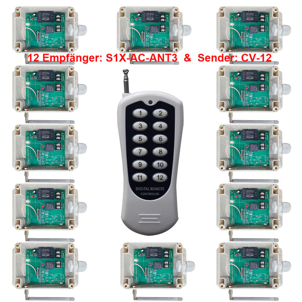 Funkschalter 230V mit Fernbedienung - Eins 12 Tasten Sender & Zwölf Empfänger (Modell 0020459)